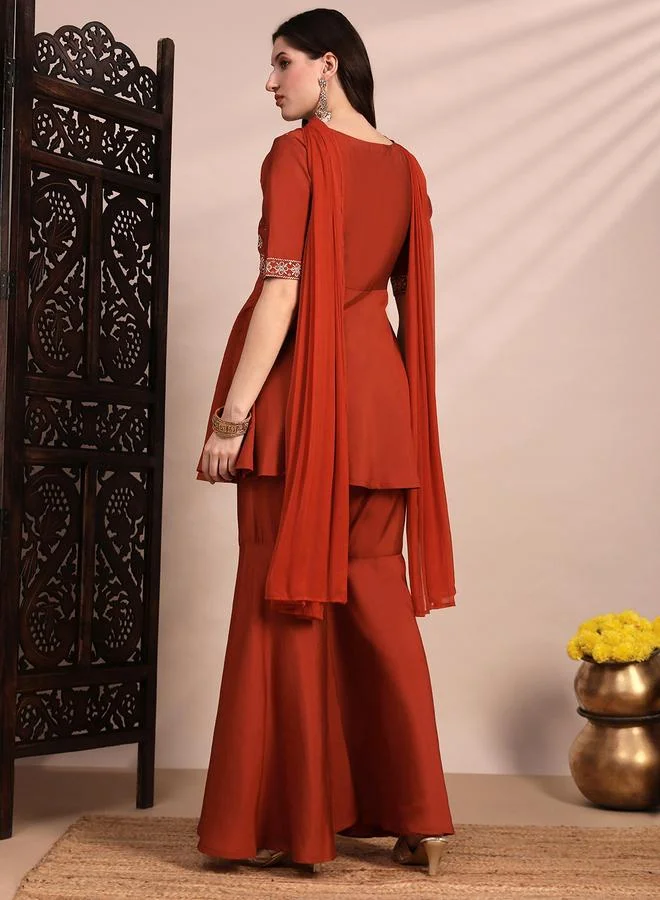 globus 3-Piece Zari Embroidered Yoke Tunic, Gharara and Dupatta Festive Co-Ords
